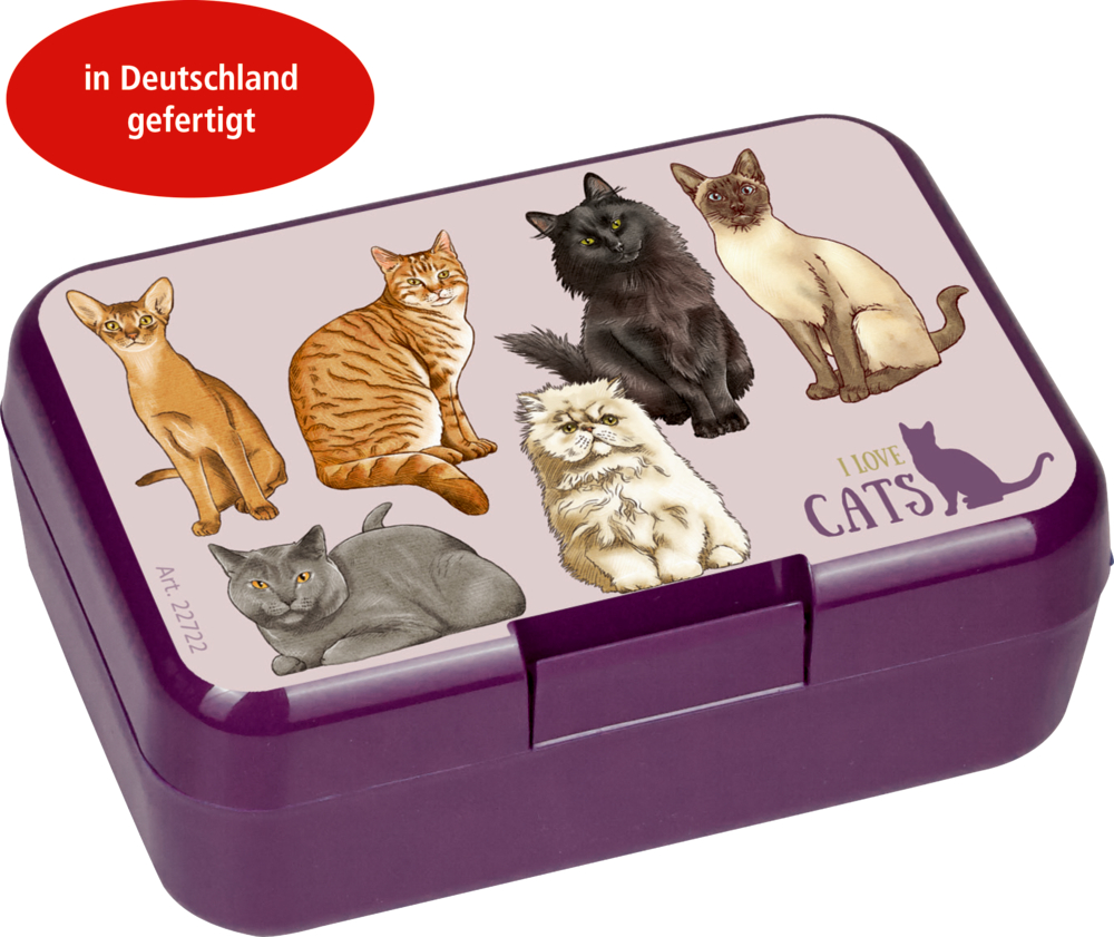 Kleine lilafarbene Lunchbox mit sechs Katzenillustrationen und „I love cats“ auf dem Deckel, deutscher Text darüber.