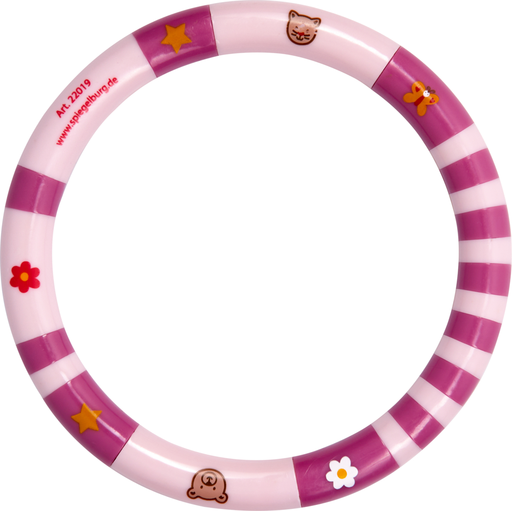 Ringrassel - BabyGlück, rosa Rosa und weinrot gestreifter Ring mit Sternen, Blumen und anderen Motiven.