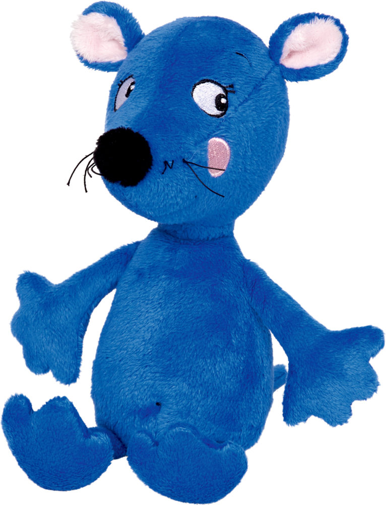 Plüschfigur Maus Ida Die Lieben Sieben Blaues Plüschmausspielzeug mit rosa Wangen, großer Nase und ausdrucksstarken Augen, aufrecht sitzend.