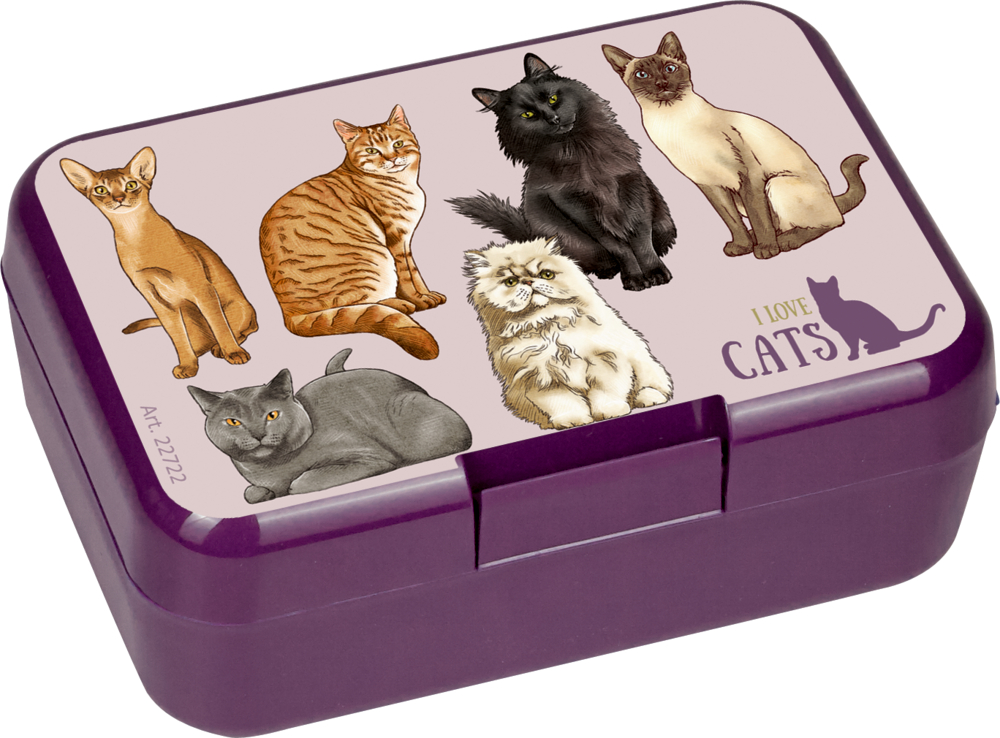 Kleine lilafarbene Lunchbox mit sechs illustrierten Katzenrassen und dem Text „I LOVE CATS“.