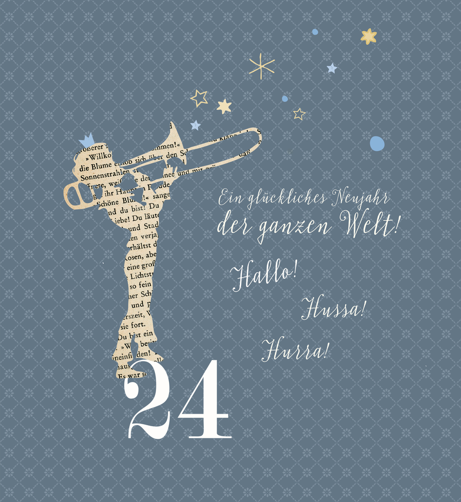 Posaunisten-Silhouette mit Sternen, der Zahl „24“ und Text auf blau gemustertem Hintergrund.
