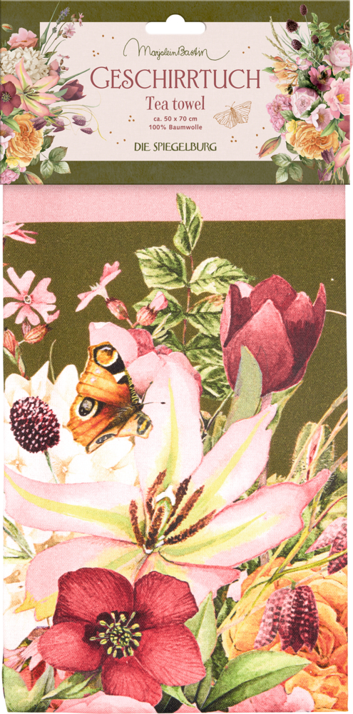 Geschirrtuch mit Blumen, Schmetterlingen und der Aufschrift auf der Verpackung.