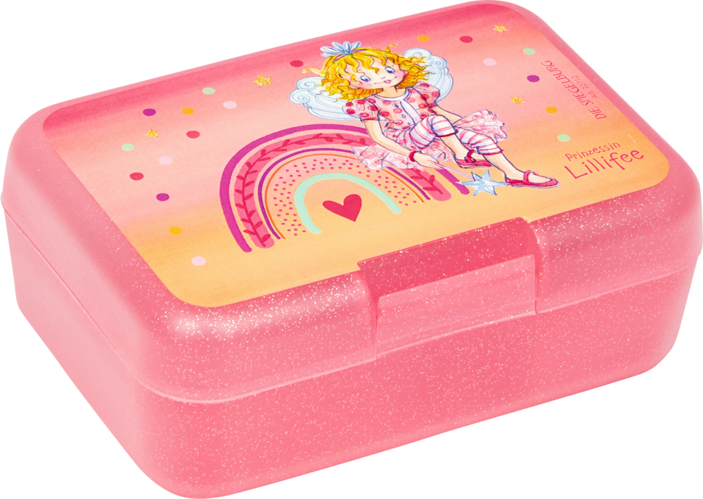 Rosa Glitzer-Lunchbox mit einer Feenprinzessin, einem Regenbogen und Herzen auf dem Deckel.