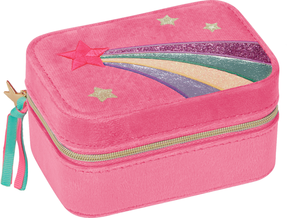 Schmuckkästchen Sternenschweif - Prinzessin Lillifee Rosa rechteckiges Schmuckkästchen mit Stern- und Regenbogendesign auf dem Deckel, goldenem Reißverschluss und bunten Quasten.