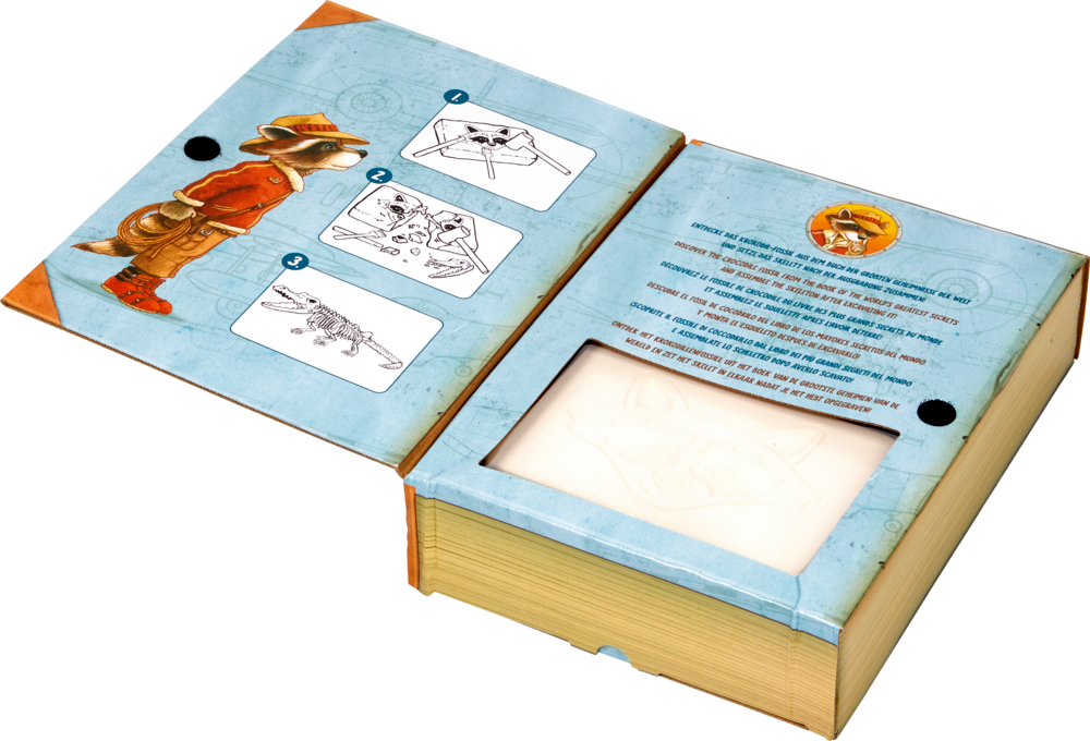 Wie ein Buch geöffnete Pappschachtel mit einer Waschbärenillustration, einer Montageanleitung und einem weißen Abdruck eines Waschbärengesichts im Inneren.