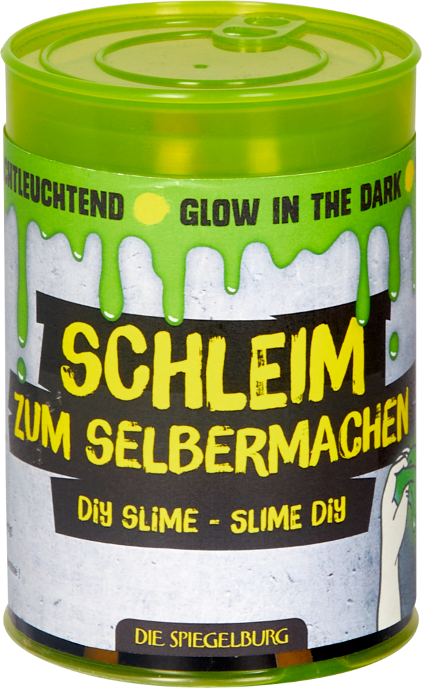 Schleim zum Selbermachen, nachtleuchtend - Wild+Cool Grüne Dose mit der Aufschrift „Schleim zum Selbermachen – DIY Slime – Glow in the Dark“ mit Schleimgrafiken.