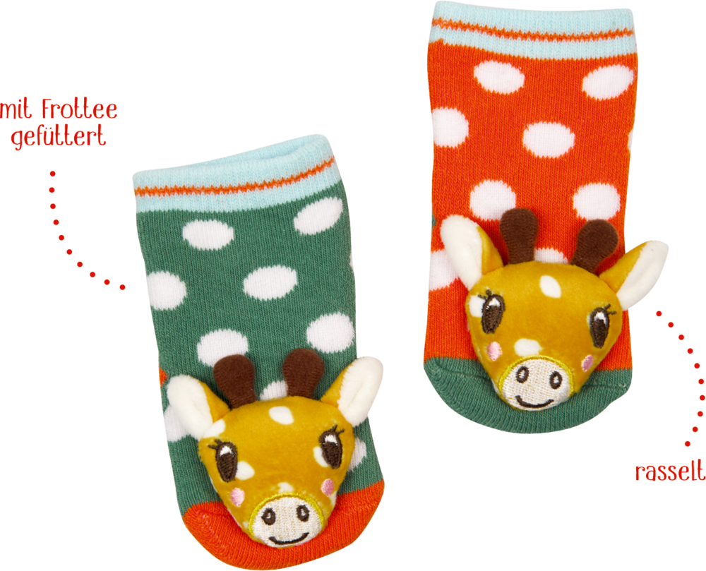 Zwei bunte Babysocken mit Punkten und weichen Giraffenköpfen.