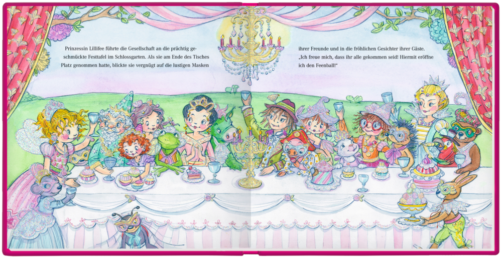 Illustrierte Kinderbuchseite: Festtafel mit Prinzessin Lillifee und ihren Freunden in einem Garten.
