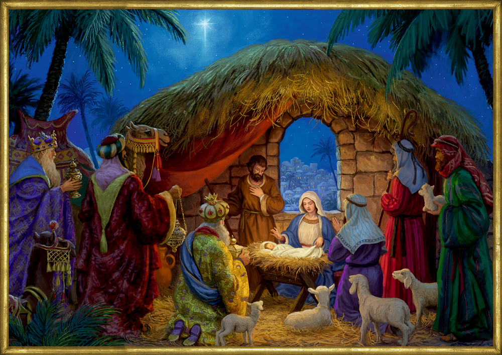 An der Weihnachtskrippe, A3-Wand-Adventskalender Krippenszene mit Maria, Josef, Jesuskind in der Krippe, umgeben von Weisen, Hirten und Tieren.