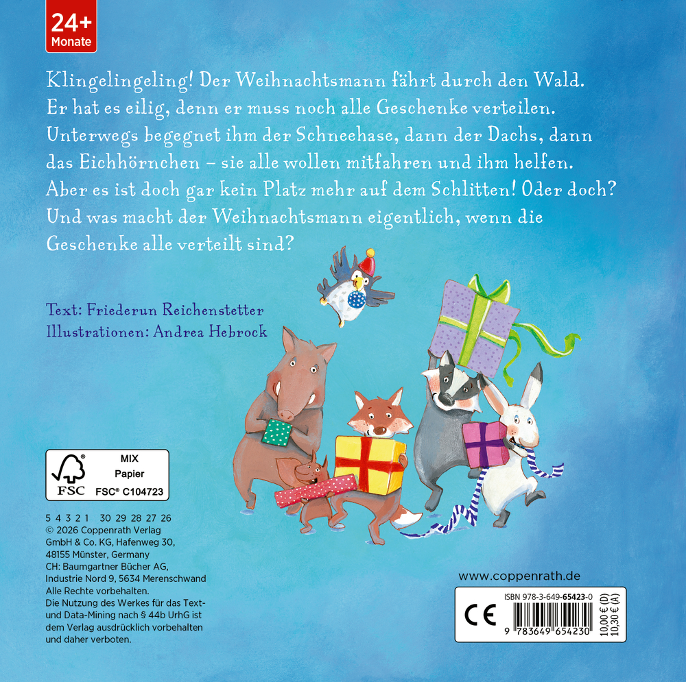 Illustration mit Dachs, Hase, Fuchs, Wildschwein, Eichhörnchen und Vogel, die Geschenke tragen vor blauem Hintergrund.