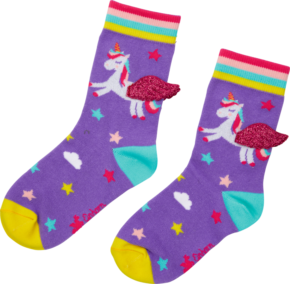 Lila Socken mit Einhörnern, Sternen, Wolken; gelbe Zehen; 3D-Flügel aus pinkfarbenem Glitzer.