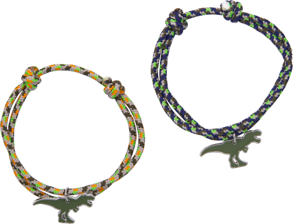 Zwei Seilarmbänder mit Dinosaurier-Anhänger, eines in Grün-Orange-Beige, das andere in Blau-Grün-Beige.