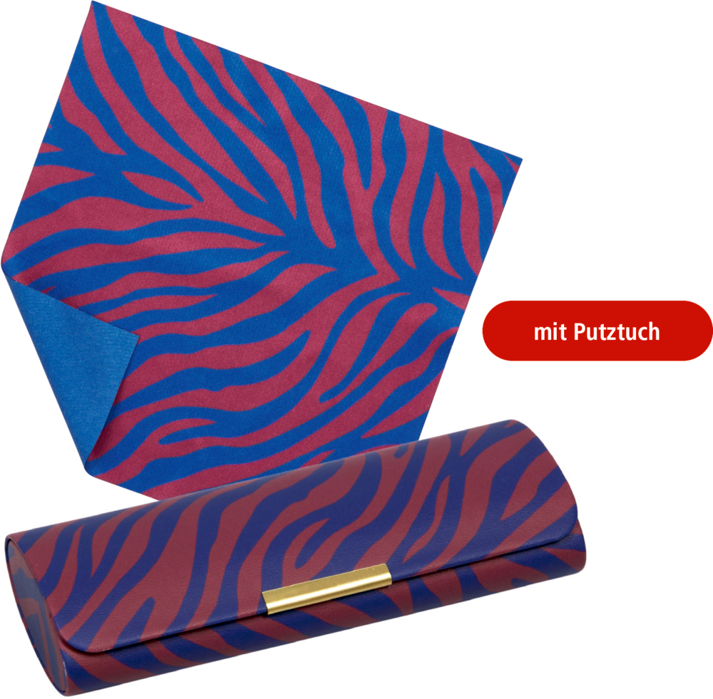 Brillenetui in Blau und Rot mit Zebrastreifenmuster und passendem Mikrofasertuch.