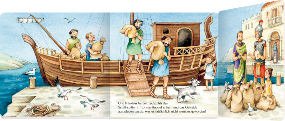 In einem offenen Buch mit Text, laden vier Männer Säcke von einem Holzschiff ab, während Menschen, Tiere und zwei Wachen am Dock zusehen.