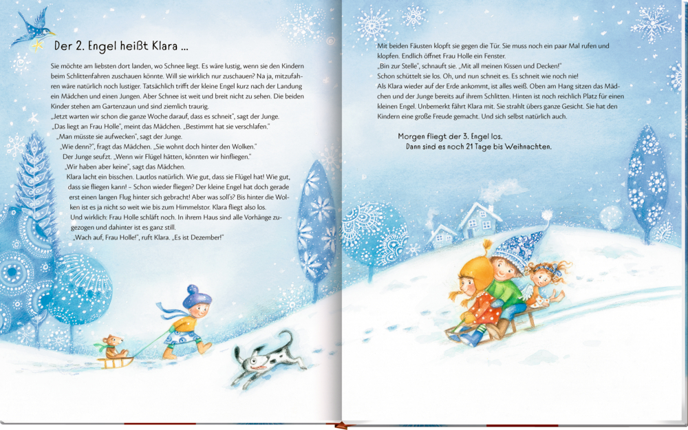 Buchinnenseiten mit Illustration mit drei Kindern auf einem Schlitten im Schnee, ein Kind zieht einen Schlitten mit Hund und Katze, im Hintergrund verschneite Bäume und Häuser.