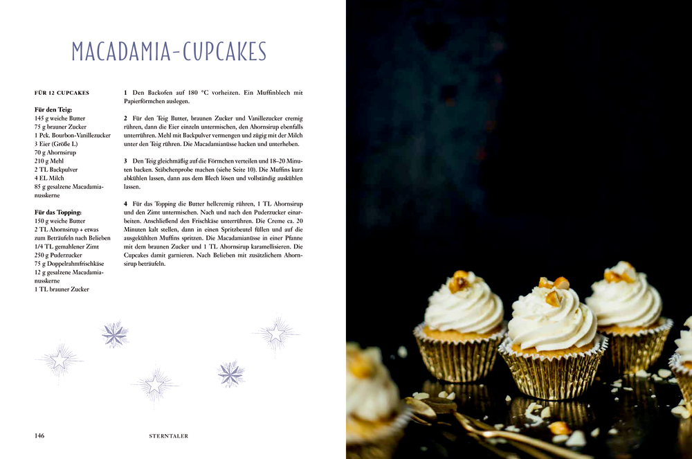 Schwarz-goldener Bucheinband mit Glitzer, Blumenmustern und Titel: Das Märchen Backbuch.