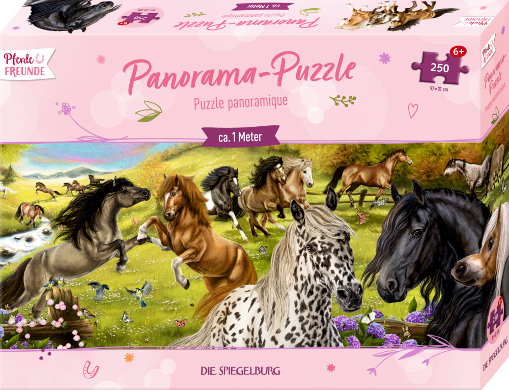 Panorama-Puzzle - Pferdefreunde (250 Teile) Rosafarbener Pappkarton mit detailreicher Illustration von Pferden, die auf einer Wiese rennen.