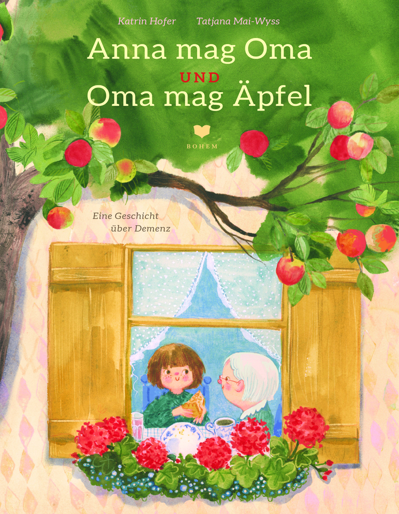 Anna mag Oma und Oma mag Äpfel Mädchen und Großmutter an einem Fenster, eingerahmt von einem Apfelbaum mit roten Äpfeln.