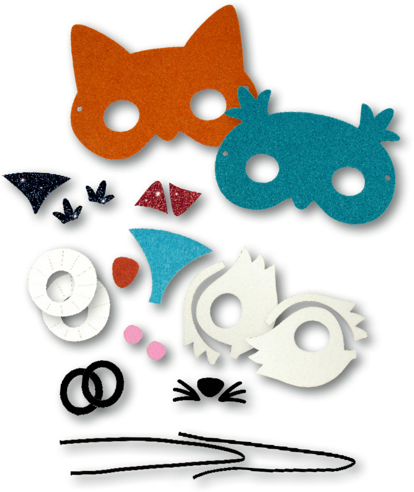 Bunte Filzmaskenformen, Tierohren, Nasen und Gummibänder liegen nebeneinander auf weißem Hintergrund.