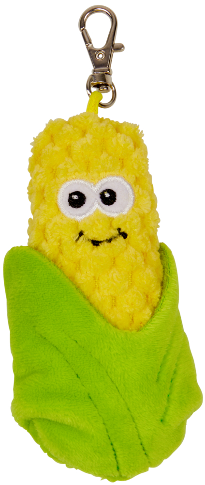 Plüsch-Mais-Schlüsselanhänger mit gesticktem Gesicht, grünen Blättern und Metallclip.