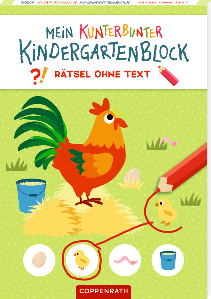 Mein kunterbunter Kindergartenblock: Rätsel ohne Text - Bauernhof Ein Hahn umkreist mit einem roten Stift ein Küken zwischen vier Objekten auf einem bunten Cover eines Kindergartenrätselbuchs.