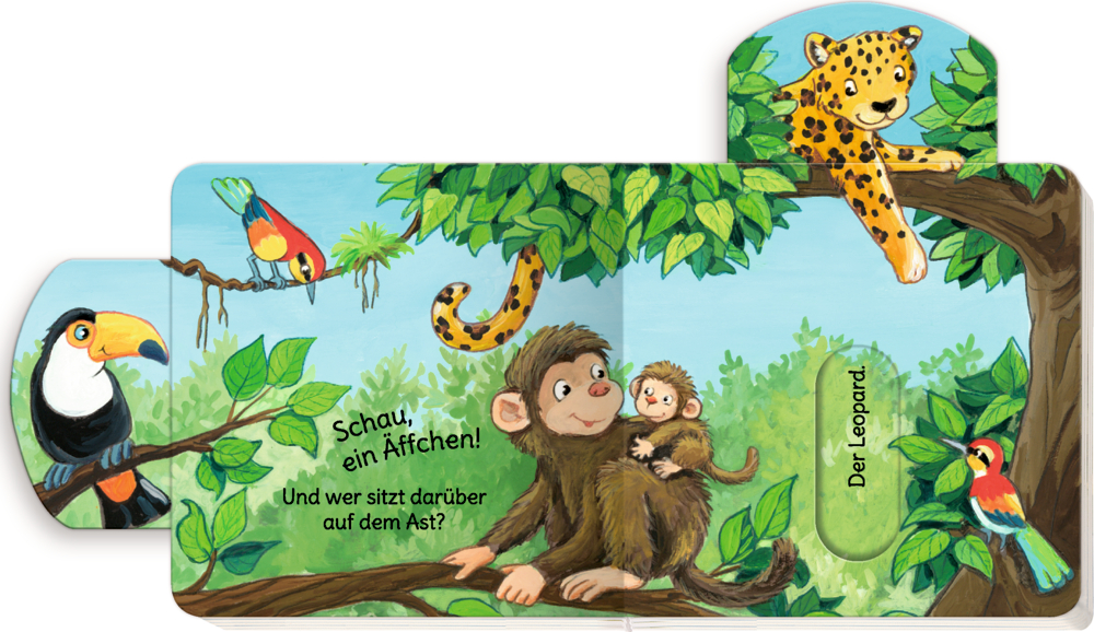 Affen, ein Tukan, eine Schlange, ein Leopard und zwei Vögel sitzen auf den Ästen der Dschungelbäume.