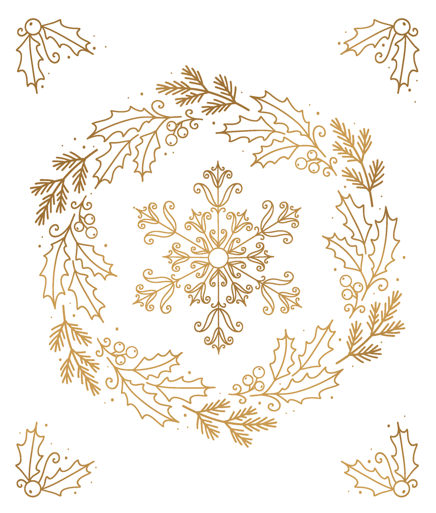 Goldene ornamentale Zeichnung mit Schneeflocke in der Mitte, umgeben von Stechpalmenblättern, Zweigen und Beeren.