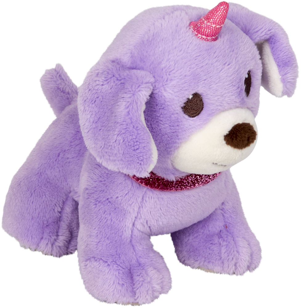 Unidog klein, flieder Ein lila Plüschhund mit einem rosa glitzernden Einhornhorn und passendem rosa Halsband.
