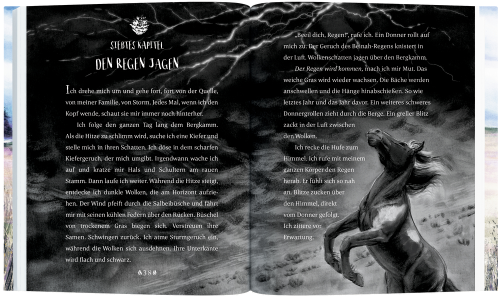 Eine schwarz-weiße Seite mit Text auf der sich ein Pferd aufbäumt, als ein Blitz über einem stürmischen, bewölkten Himmel über einem Grasfeld zuckt.