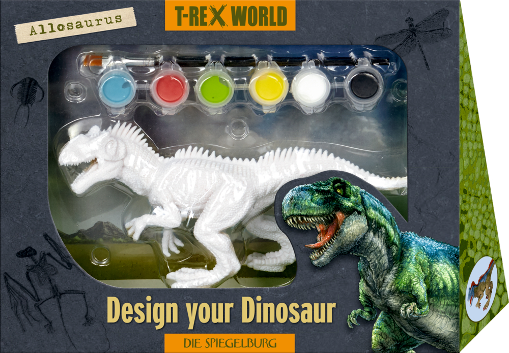 Design your Dinosaur Allosaurus - T-Rex World Box mit weißer Allosaurus-Figur und Malset zum Gestalten des Dinosauriers.