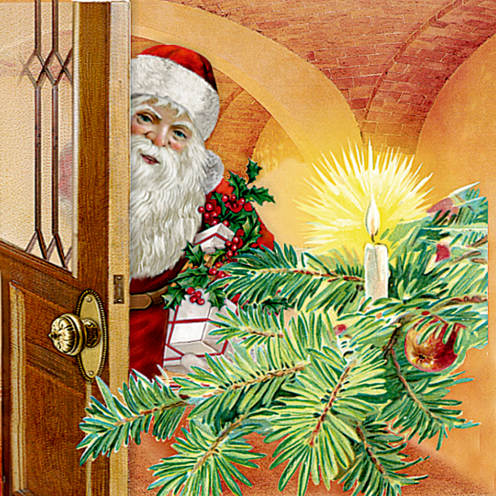 Kalendertürchen: Der Weihnachtsmann schaut durch eine Tür neben einem geschmückten Weihnachtsbaumzweig mit einer brennenden Kerze.