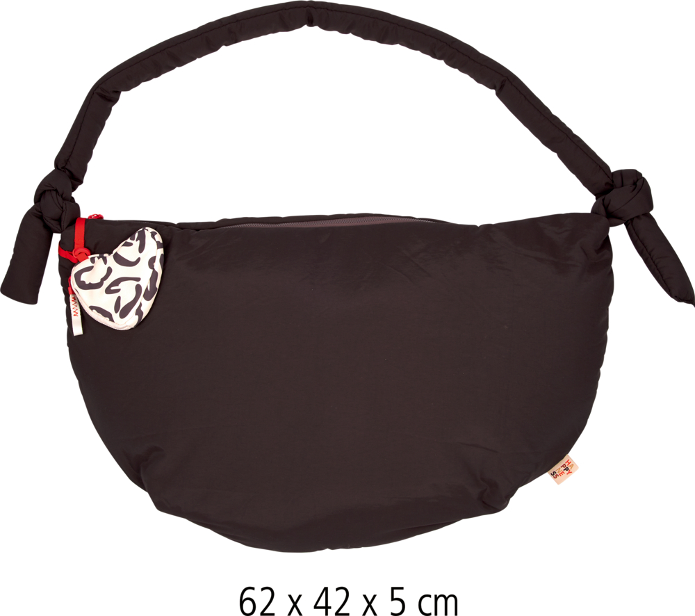 Anthrazitfarbene Tasche mit gepolstertem Henkel, seitlich geknotet, und herzförmigem Anhänger mit schwarz-weißem Muster.