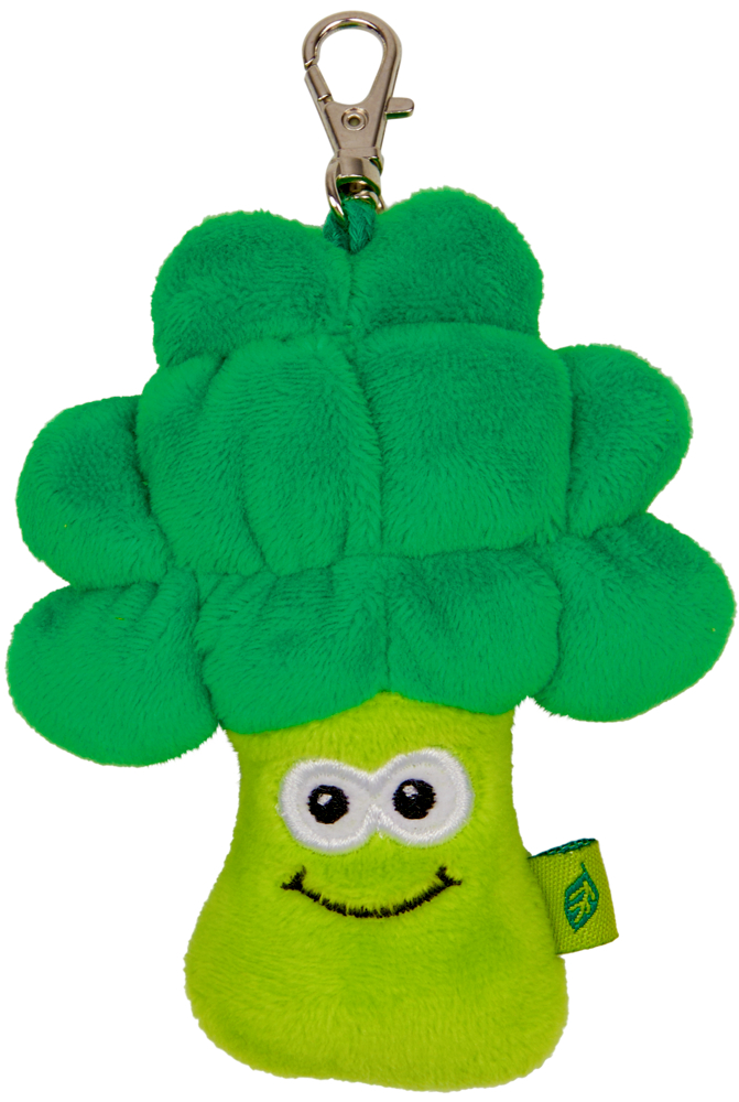 Plüsch-Brokkoli-Schlüsselanhänger mit lächelndem Gesicht, großen Augen und Metallverschluss oben.