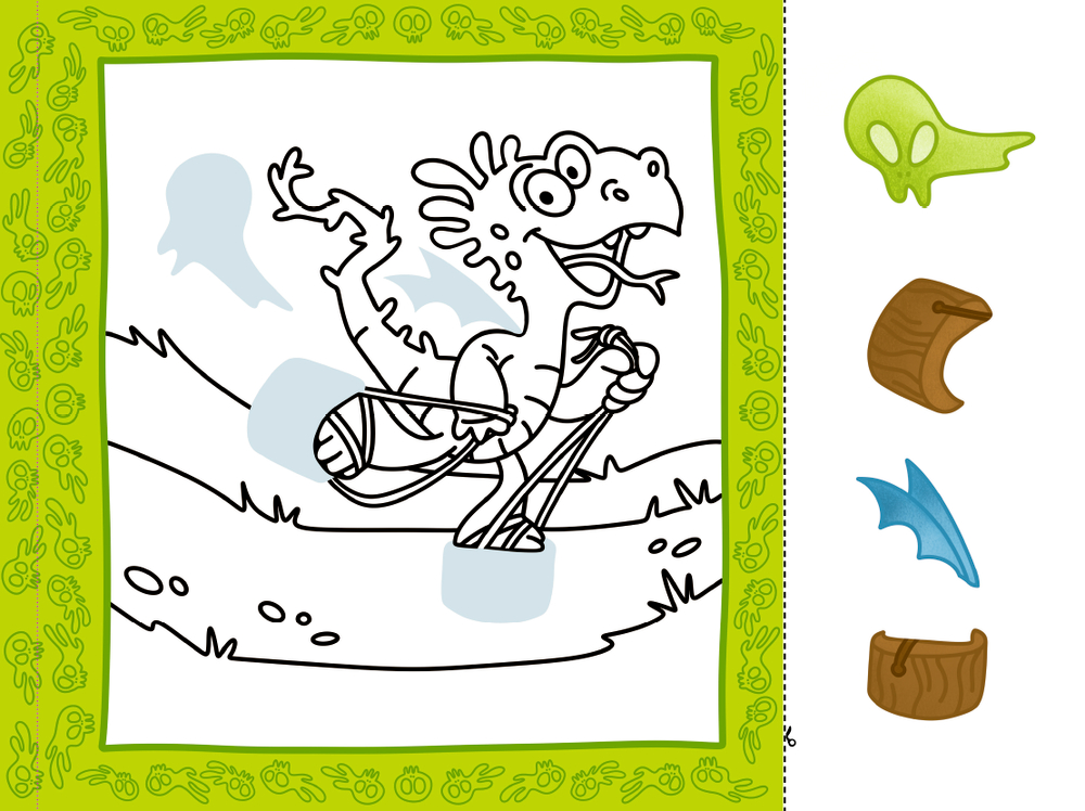 Die Umrisse eines Cartoon-Dinosauriers laufen aufgeregt umher, rechts davon werden vier Ausschneidoptionen angezeigt, auf einer Bastelseite.