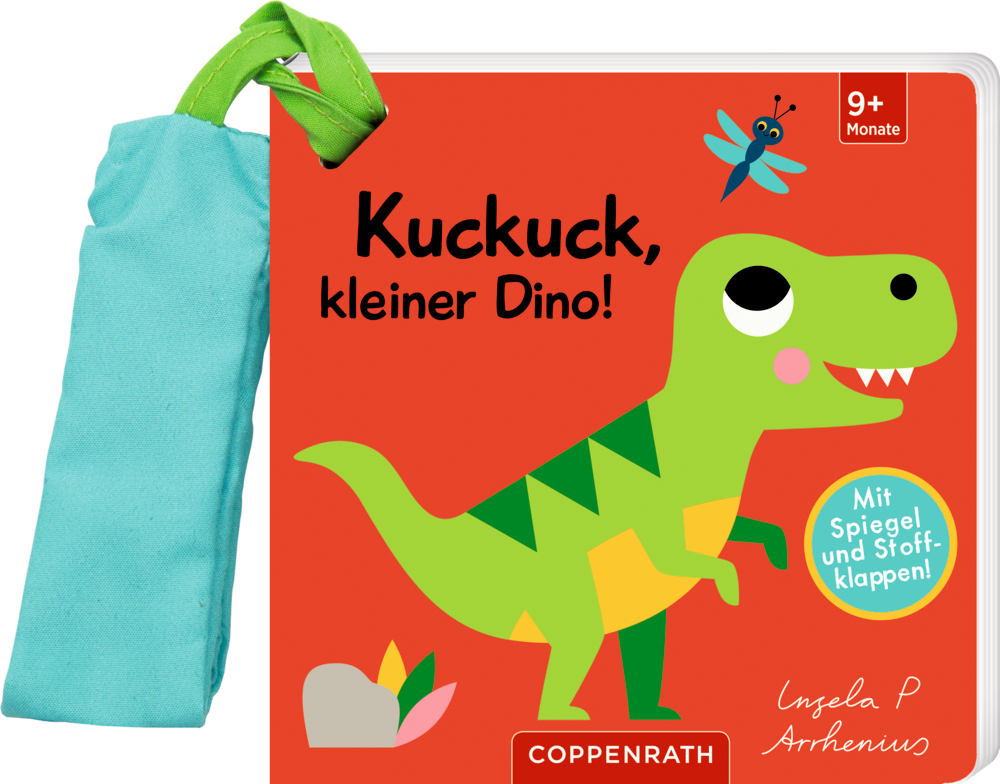 Mein Filz-Fühlbuch für den Buggy: Kuckuck, kleiner Dino! Rotes Babybuch mit grünem Dinosaurier, blauer Libelle und einer türkisfarbenen Schlaufe als Henkel.
