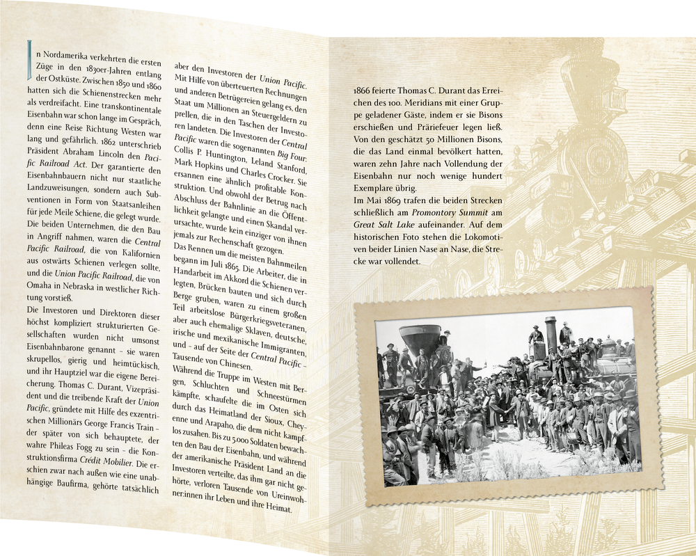 Sepia-Broschüre mit einem alten Schwarzweißfoto von Arbeitern neben einer Dampflokomotive, als Beilage.