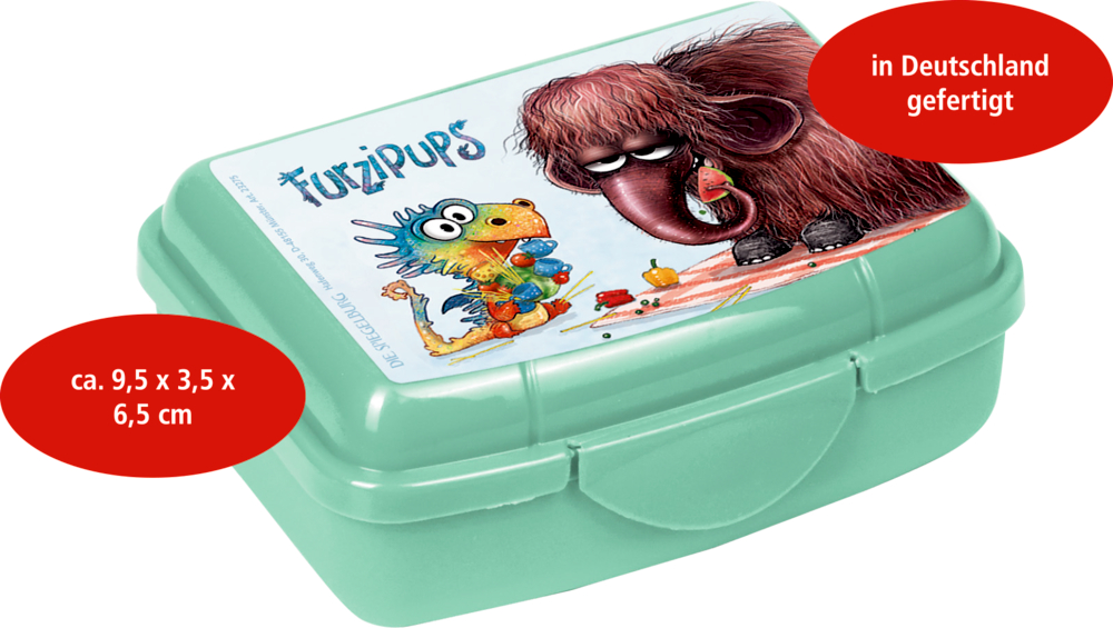 Grüne Brotdose mit gezeichneten Tieren und Schriftzug, Größe 9,5 x 3,5 x 6,5 cm. Hergestellt in Deutschland.