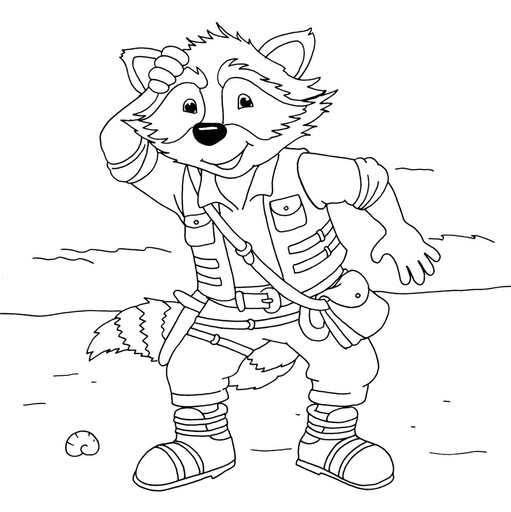 Abenteurer Waschbär, lächelt und kratzt sich am Kopf im Freien, als Motiv für eine Ausmalseite.