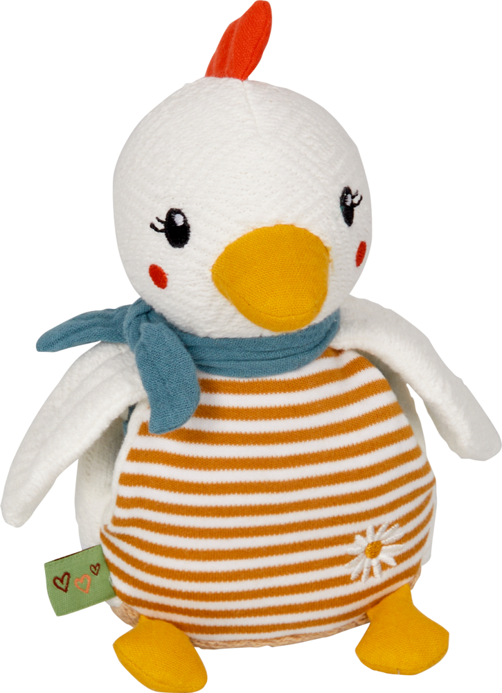 Stoffhuhn mit orangefarbenen Streifen und blauem Schal.