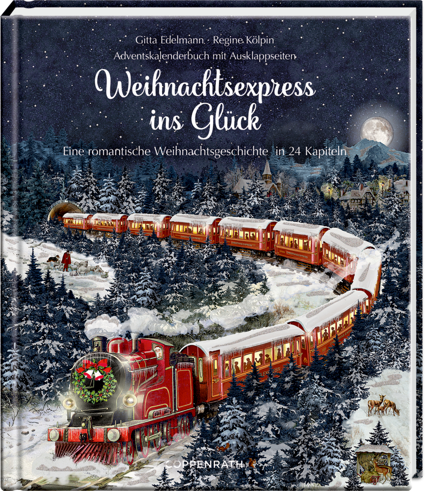 Der rote Weihnachtszug fährt nachts durch das verschneite Dorf und passiert geschmückte Tannen, auf dem Cover von "Weihnachtsexpress ins Glück".