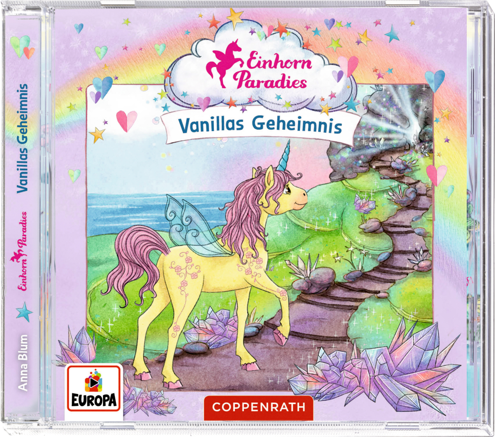 CD-Cover: Ein geflügeltes gelbes Einhorn steht auf einem Weg, umgeben von Kristallen und schimmernden Regenbogenfarben.