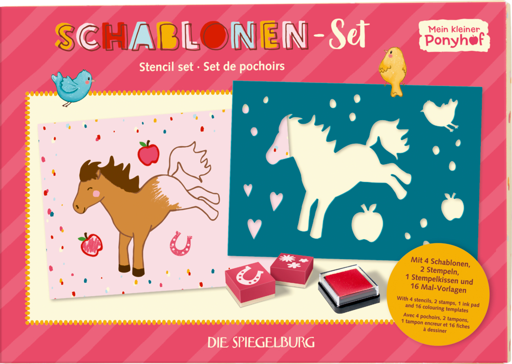 Schablonen-Set Mein kleiner Ponyhof Kinder-Schablonenset im Karton mit Ponys, Äpfeln, Herzen auf rosa Untergrund, mit deutschem Text.