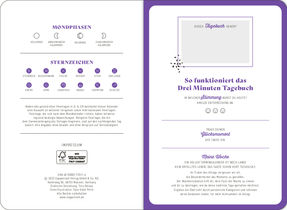 Großer Wochenkalender: Drei Minuten Tagebuch 2023 - Palmen (All about purple)