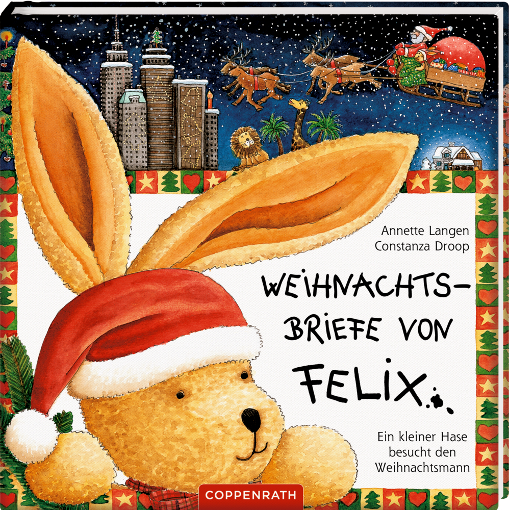 Gelber Hase mit Weihnachtsmütze, Santas Schlitten fliegt nachts über die Stadt.