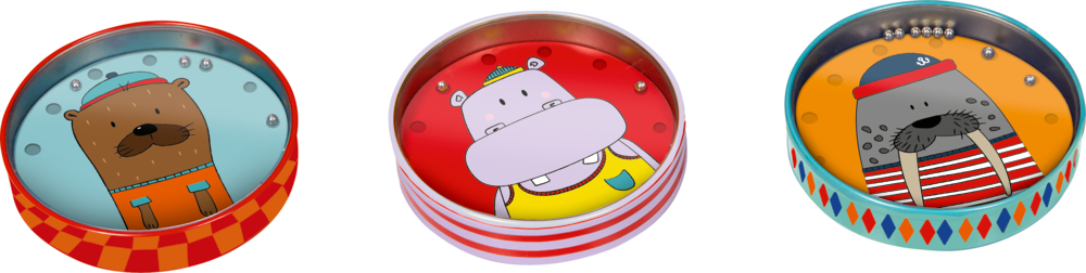 Geduldspiel - Bunte Geschenke 3 runden, tragbaren Geduldspielen mit Tieren: Otter, Nilpferd und Walross, jeweils in einem verspielten Outfit.