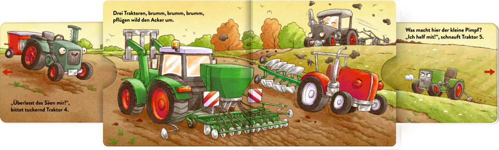 Fünf bunte Traktoren pflügen, säen und helfen sich gegenseitig auf einem Feld unter einem strahlend blauen Himmel, auf einer Innenansicht mit Text.