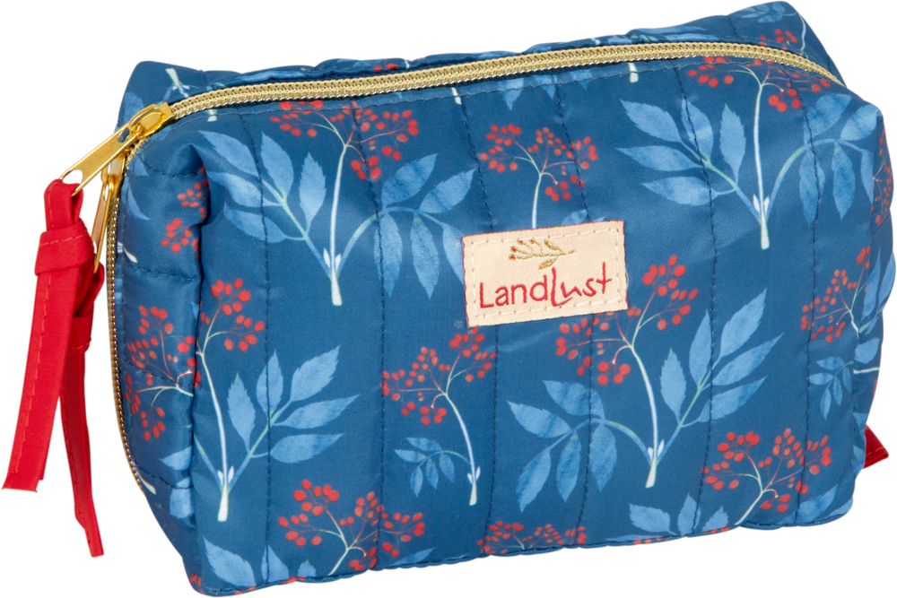 Blauer Steppbeutel mit goldenem Reißverschluss, rotem Band und Blatt- und Beerenmuster. Label: Landlust.