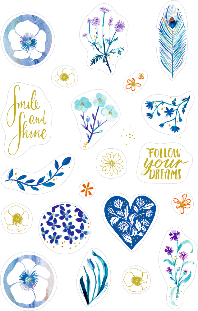 Aufkleber mit blauen und goldenen floralen, blatt- und federförmigen Motiven und mit positiven Sprüchen wie „Folge deinen Träumen“ in englischer Sprache.
