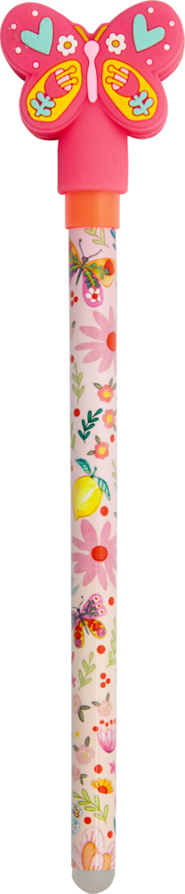 Bunter Stift mit pinkem Schmetterlingsaufsatz und geblümtem Muster