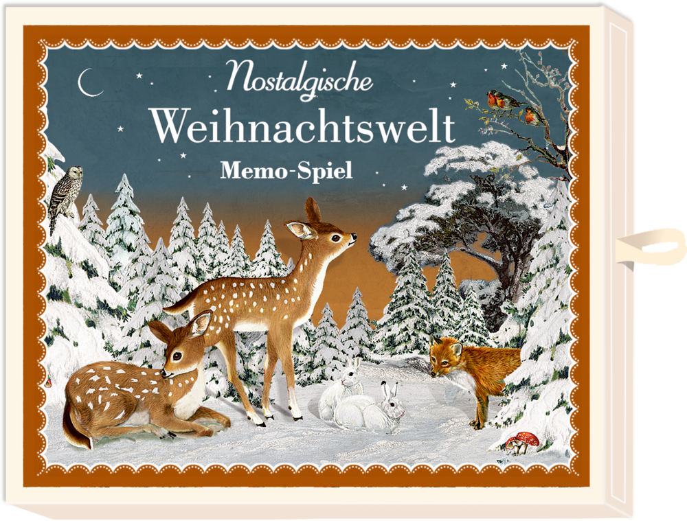 Titel „Nostalgische Weihnachtswelt“ mit Rehen, Kaninchen, Fuchs und Vögeln im verschneiten Wald.